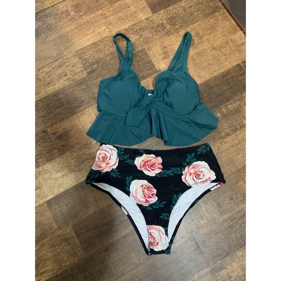 CUPSHE Teal Roses Women’s Size 0X Two Piece‎ Swimsuit NWT Beach Summer - Picture 2 of 13